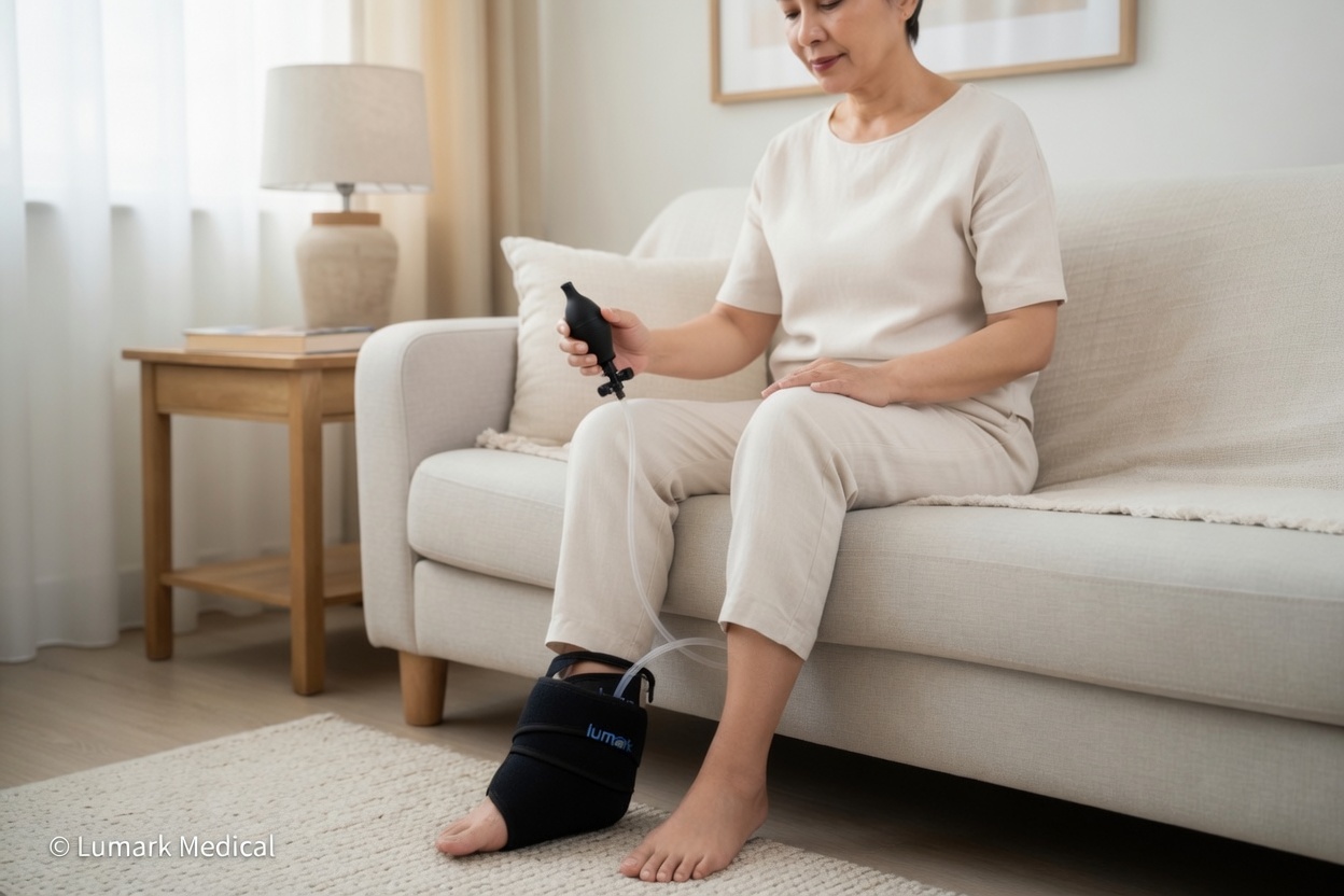 Patient with ankle compress at home post-op care